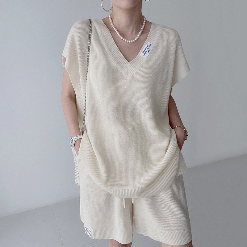 Short Linen Drawstring - Women Two Pieces Short Sets Knitted