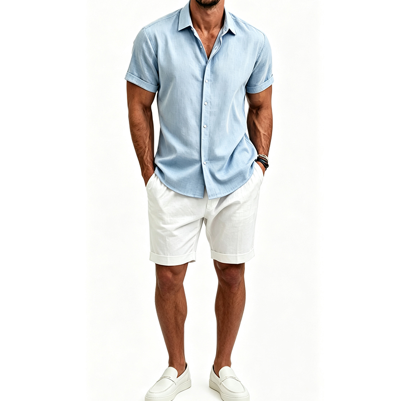 Men's  Cotton Linen Shirt Set  - Short Linen Drawstring review and price