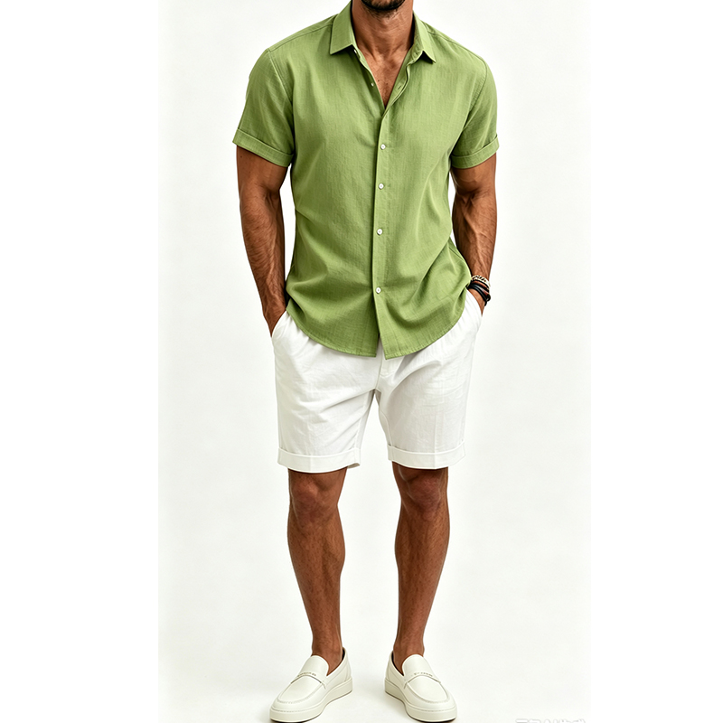 Men's  Cotton Linen Shirt Set  - Short Linen Drawstring review and price